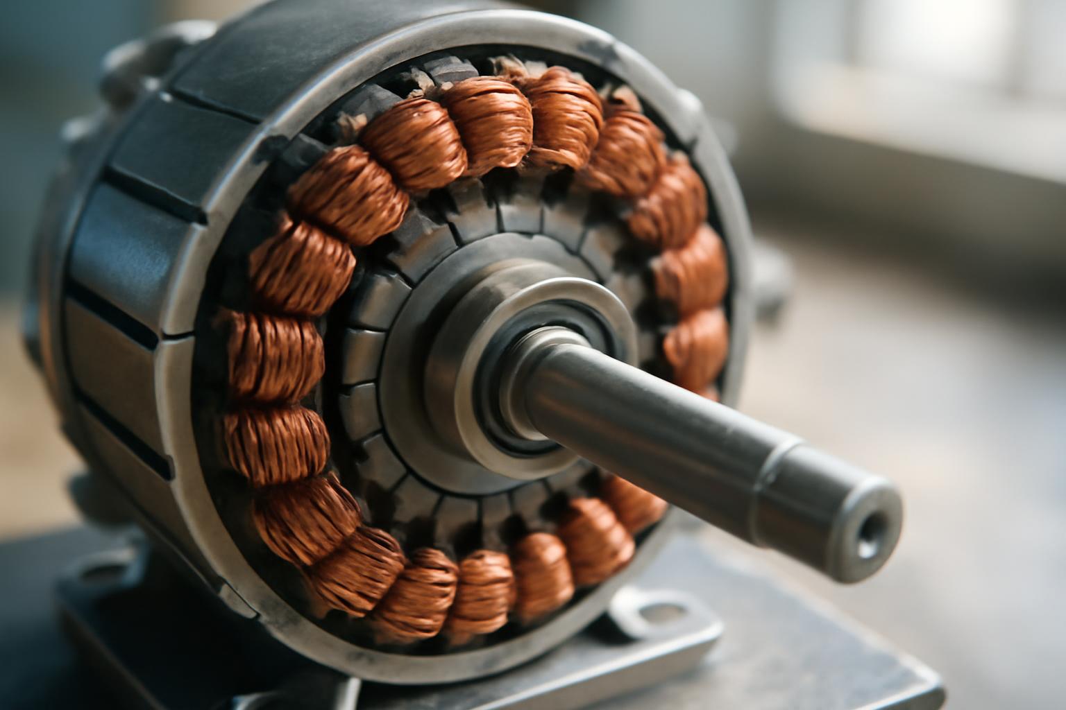 Egy elektromos motor belső része, réztekercsekkel és forgórésszel.