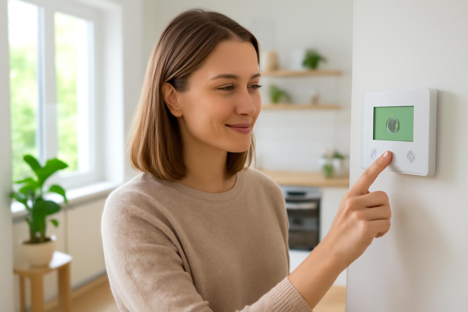 Egy nő a termosztáton állítja a hőmérsékletet otthonában.