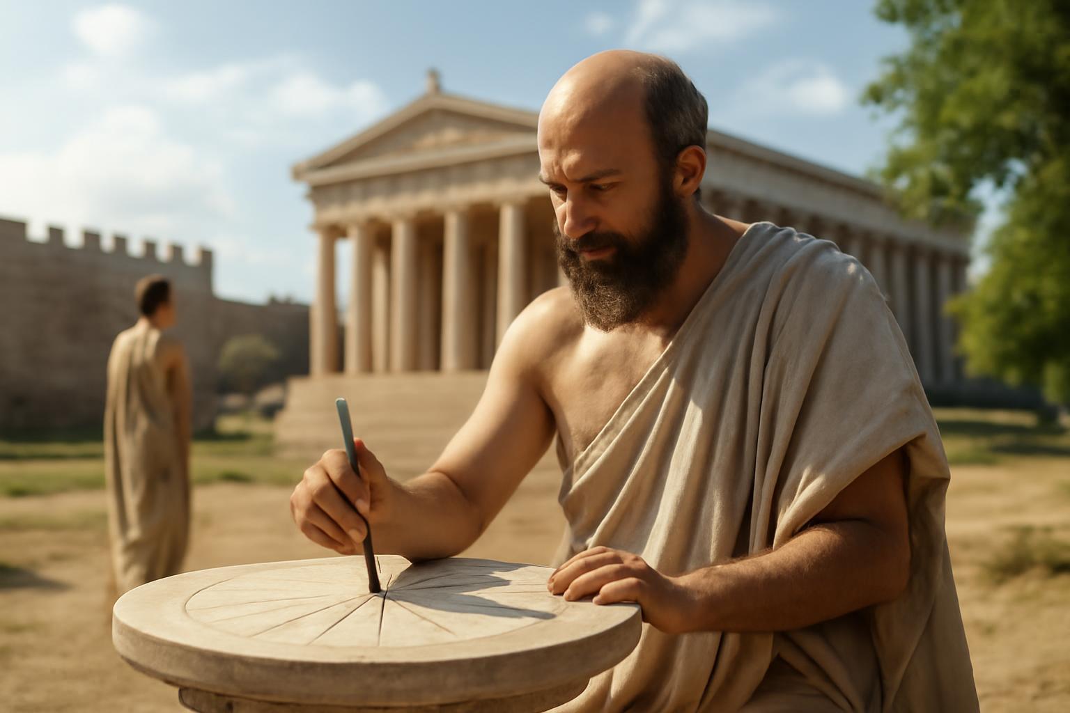 Eratoszthenész egy árnyékmérőn dolgozik, hogy kiszámolja a Föld kerületét.