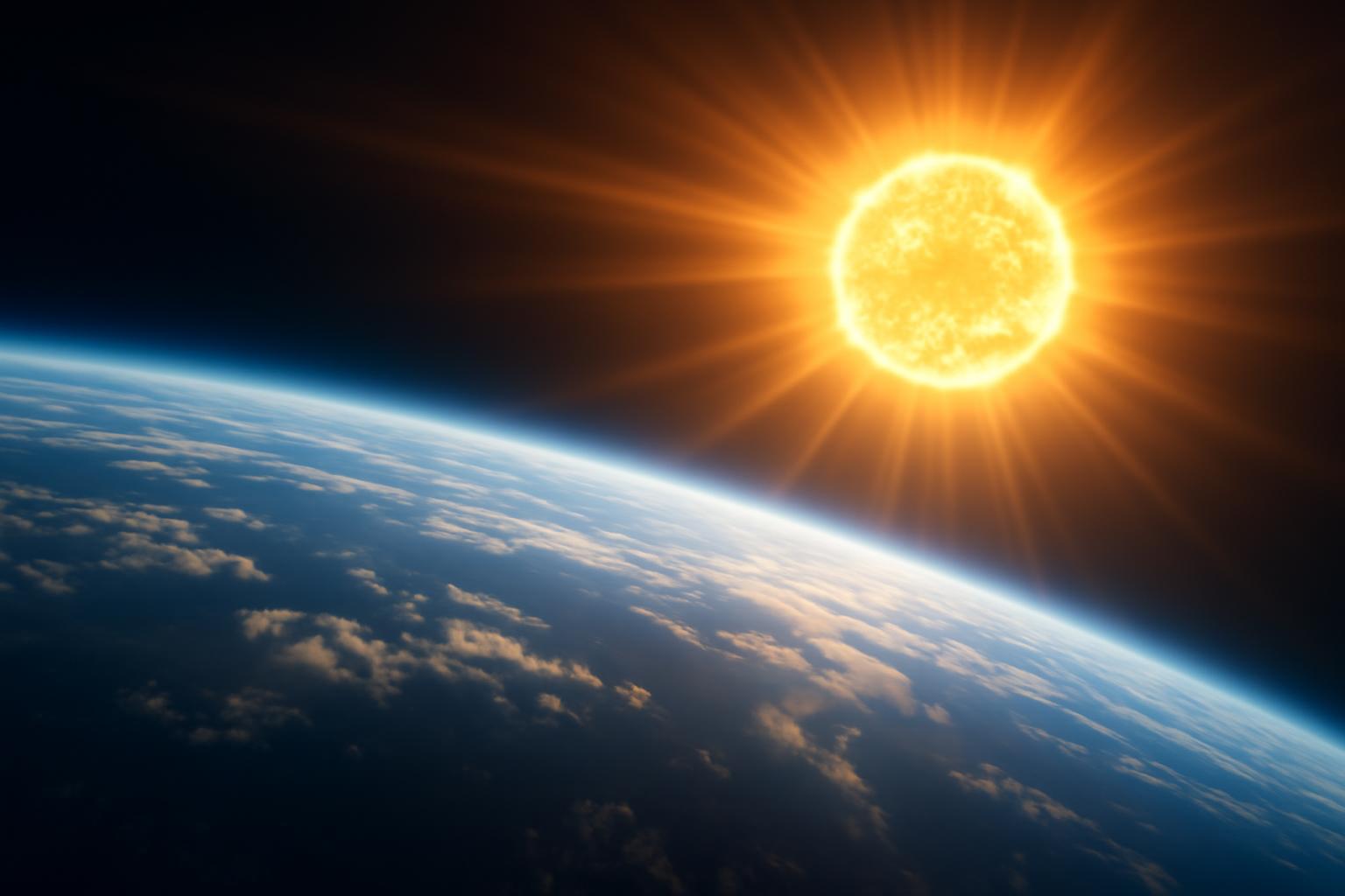 A Föld és a Nap látképe, a Nap sugaraival világítva az űrből.