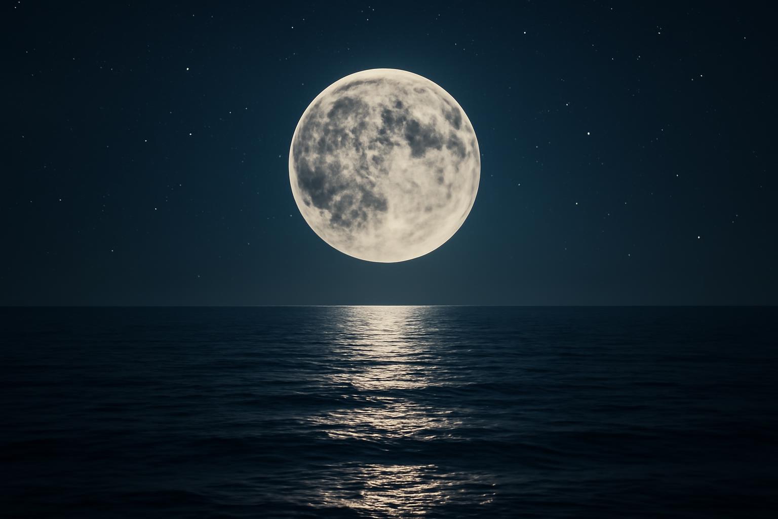 Telihold ragyog a sötét éjszakában, a víz tükröződik alatta.