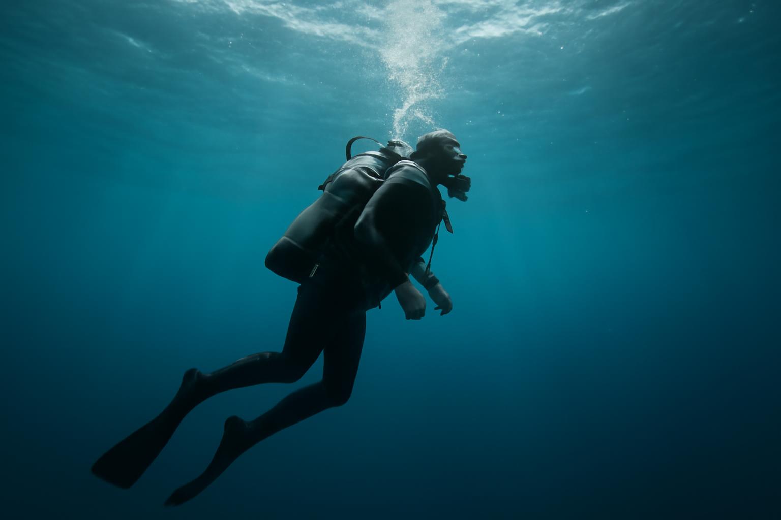 Búvár a víz alatt, légzőkészülékkel, a mélységben emelkedik.
