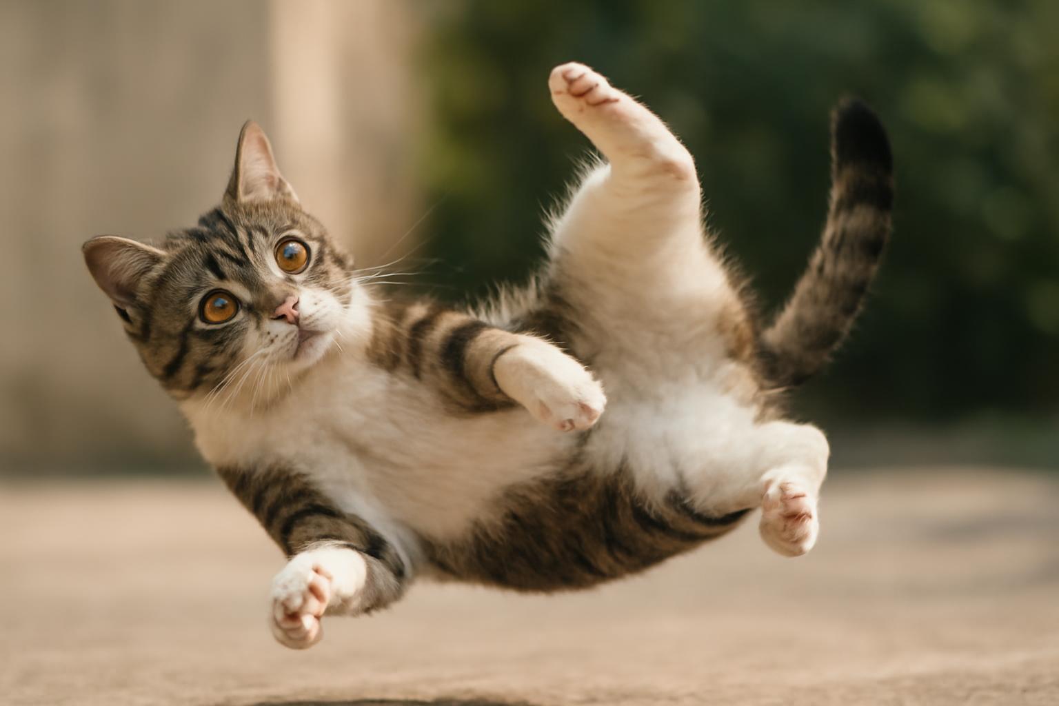 Egy macska a levegőben, lábait kinyújtva, zuhanás közben.