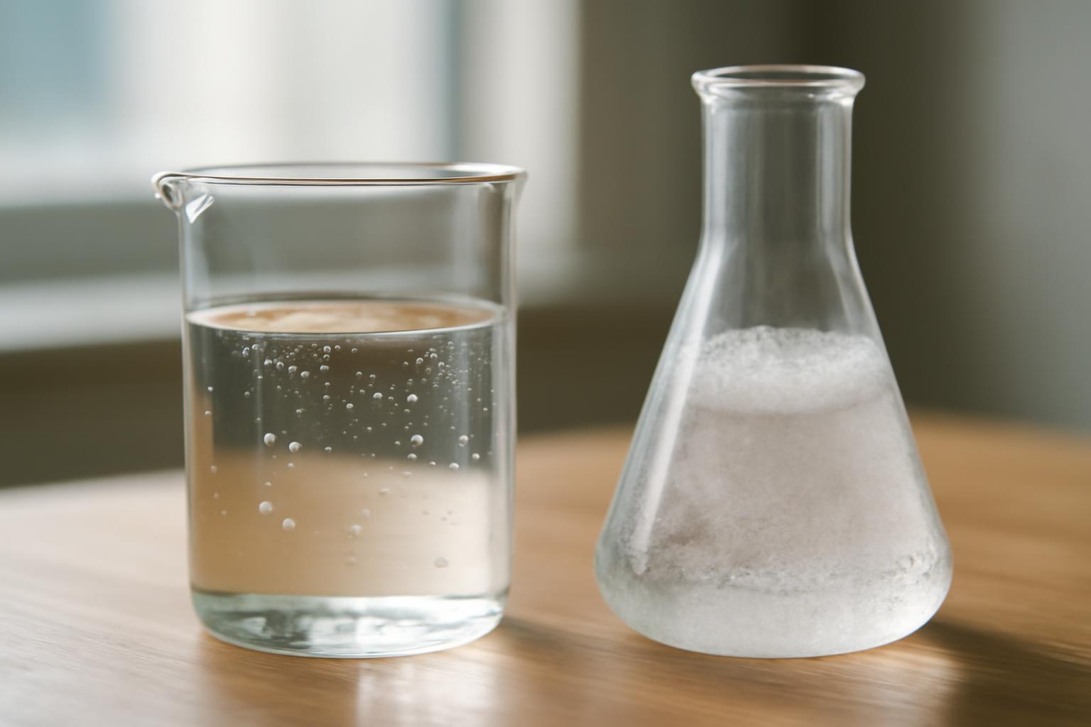 Egy üveg víz buborékokkal és egy kémcső sóval, bemutatva a folyadékok és gázok viselkedését.
