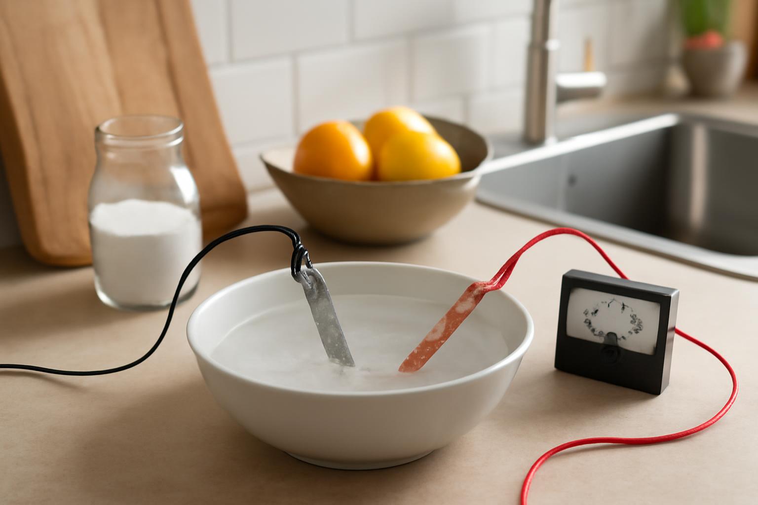 Egy tál sós vízben két fém darab és egy mérőműszer látható, konyhai környezetben.