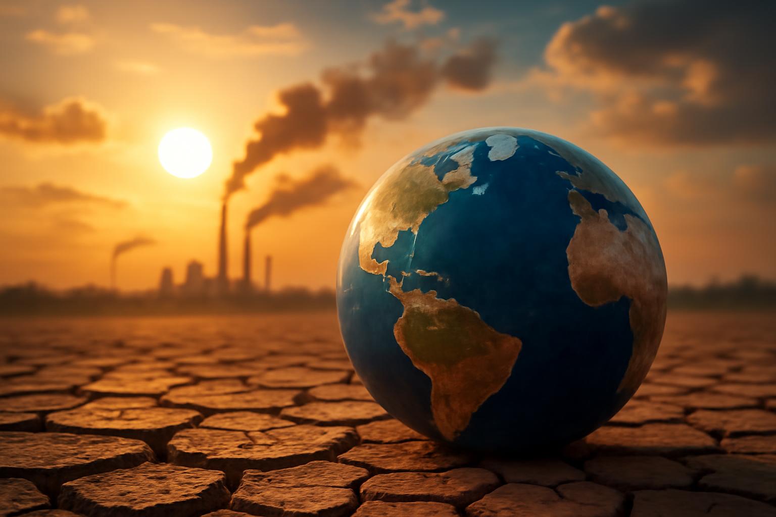 A Föld gömbje egy száraz, repedezett talajon, háttérben gyárkémények füstje.