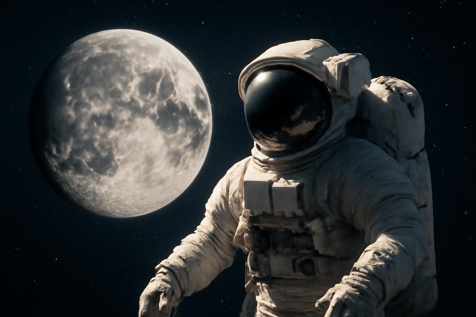 Űrhajós a világűrben, a háttérben a Föld holdja látható.