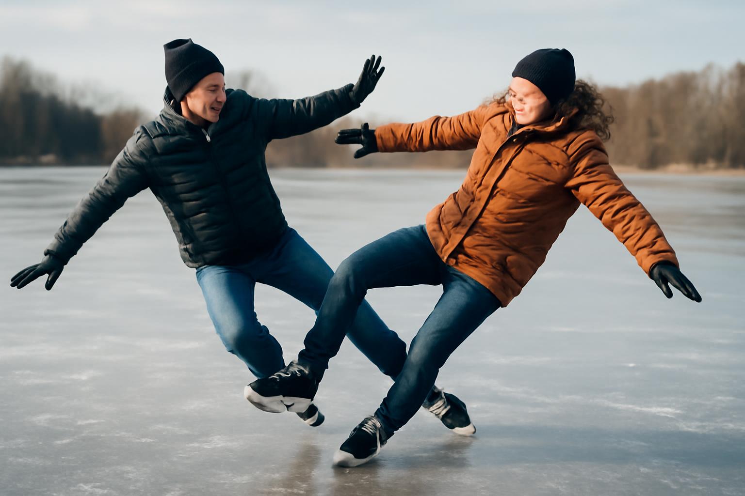 Két ember jégen tolja egymást, mindketten elmozdulnak az ellenkező irányba.