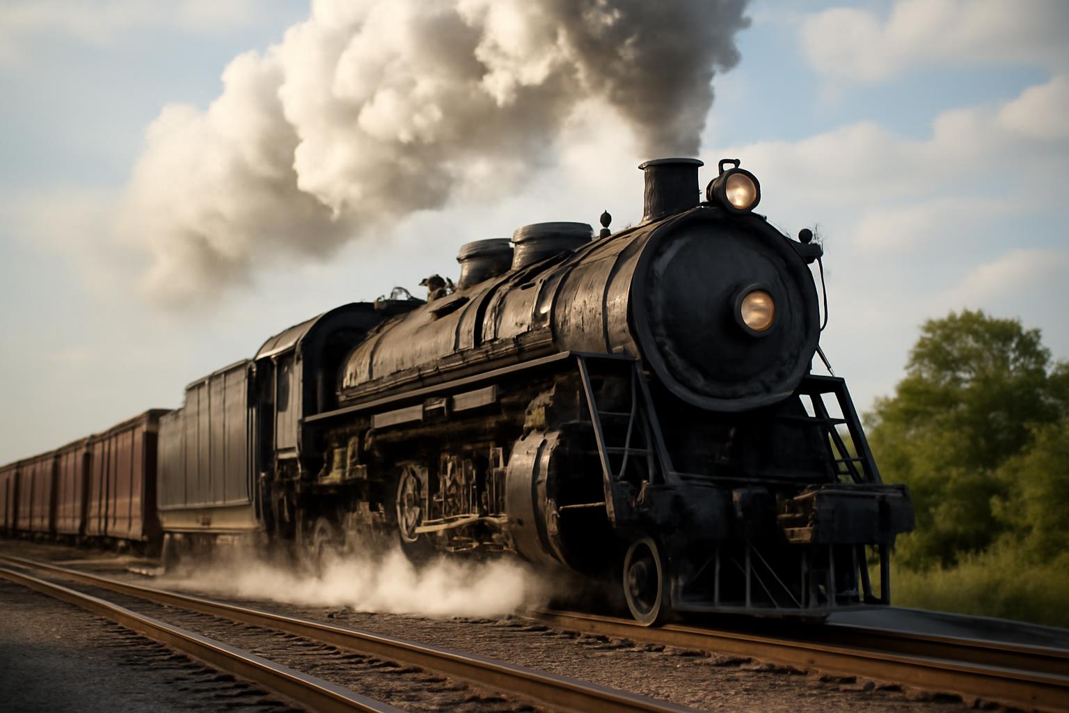 Gőzmozdony halad a síneken, füstöt eregetve a levegőbe.