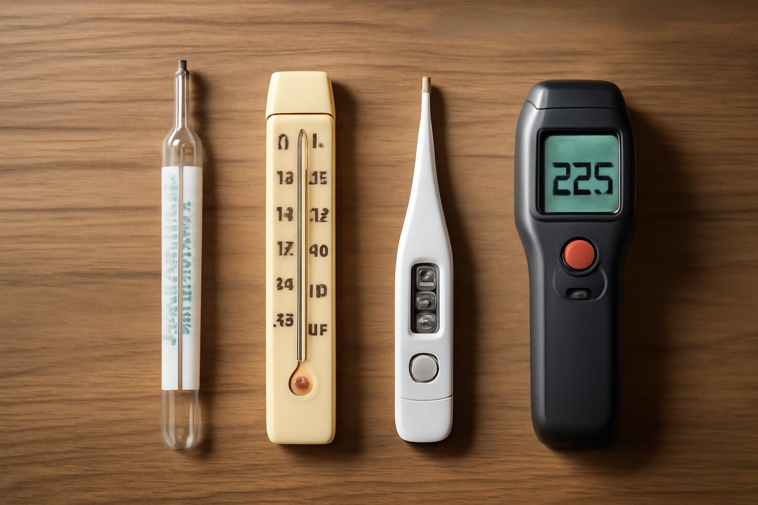 Négy különböző hőmérő: higanyos, digitális és lézeres mérés.