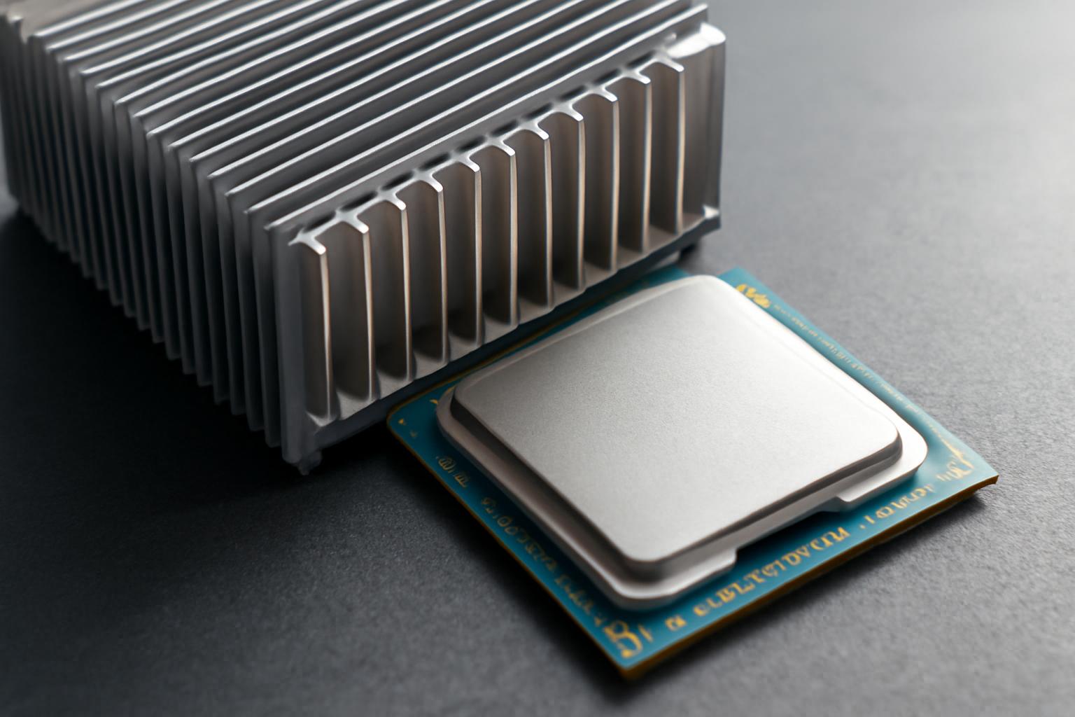 Egy bordázott hűtőborda és egy számítógép processzor látható, a hőelvezetés érdekében.
