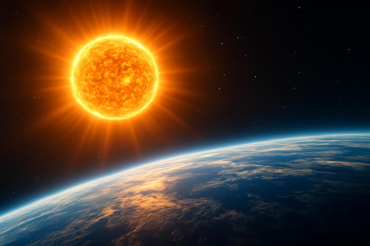 A Nap sugárzása a világűrben, a Föld körvonalával a háttérben.