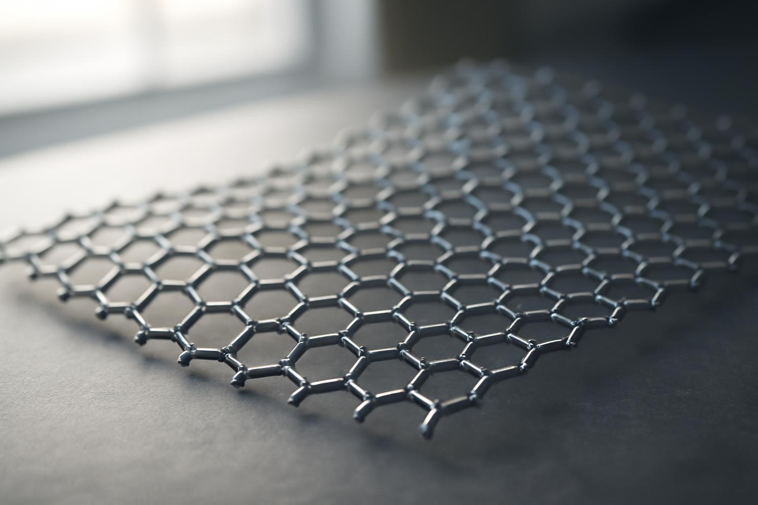 Grafén szerkezetének részlete, hexagonális rács formájában, szénatomokkal.