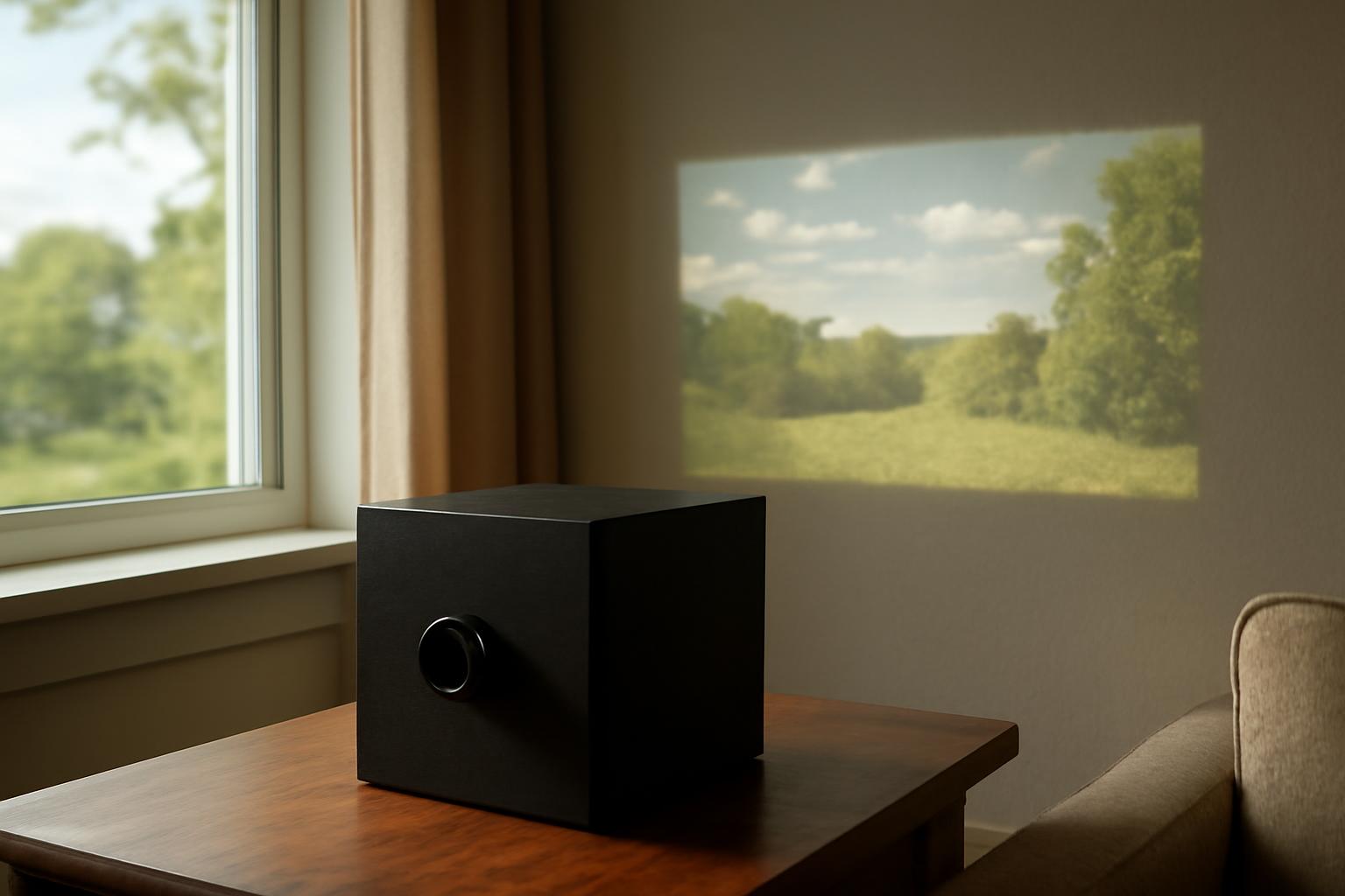 Egy fekete kamera obscura a szobában, kinti táj vetítése a falra.