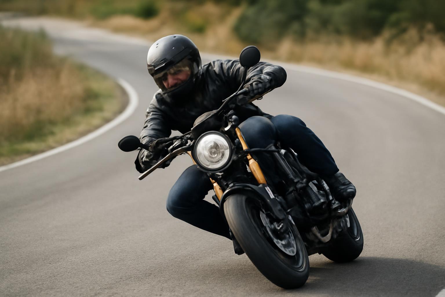 Motoros kanyarodik, dőlve kiegyensúlyozza a centrifugális erőt.