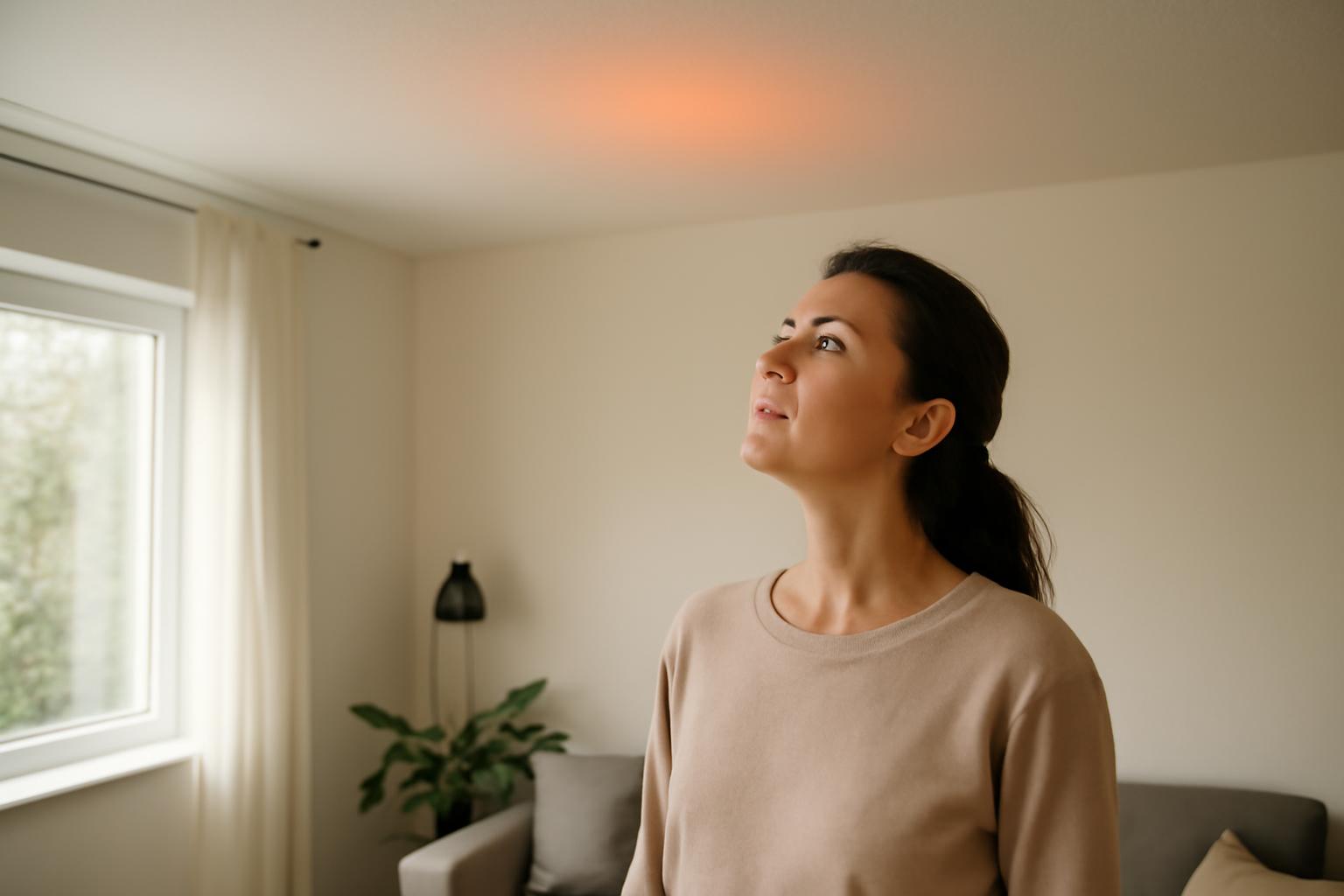 Egy nő a plafon felé néz, ahol a hőmérséklet emelkedését jelző fény látható.