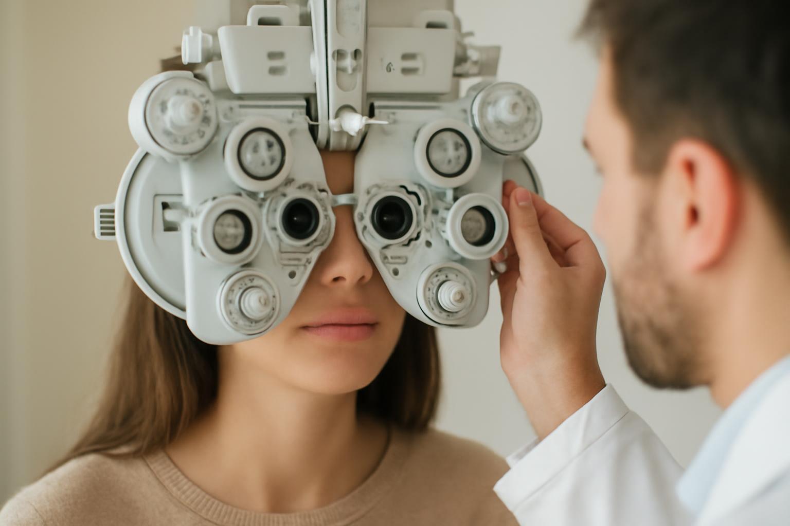 Szemészeti vizsgálat során a páciens egy optikai eszközt használ.