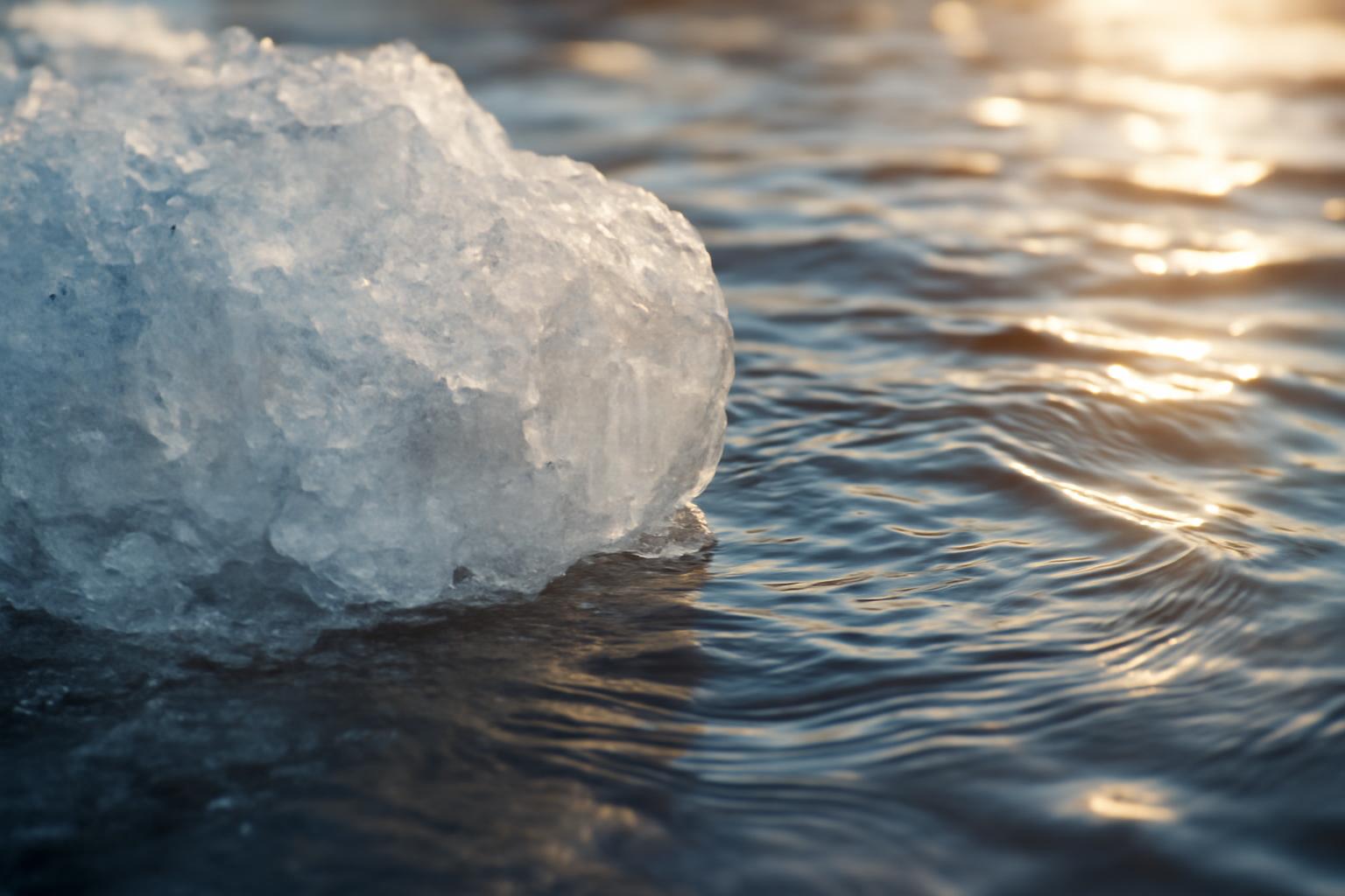 Egy jégdarab úszik a víz felszínén, a napfényben csillogva.