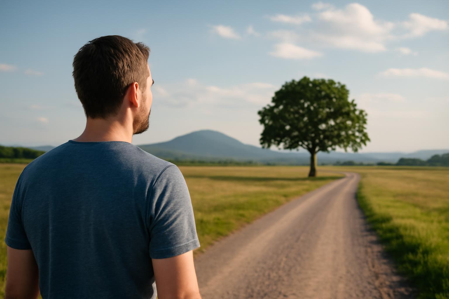 Egy férfi hátulról néz egy távoli fára és hegyekre egy mezőn.