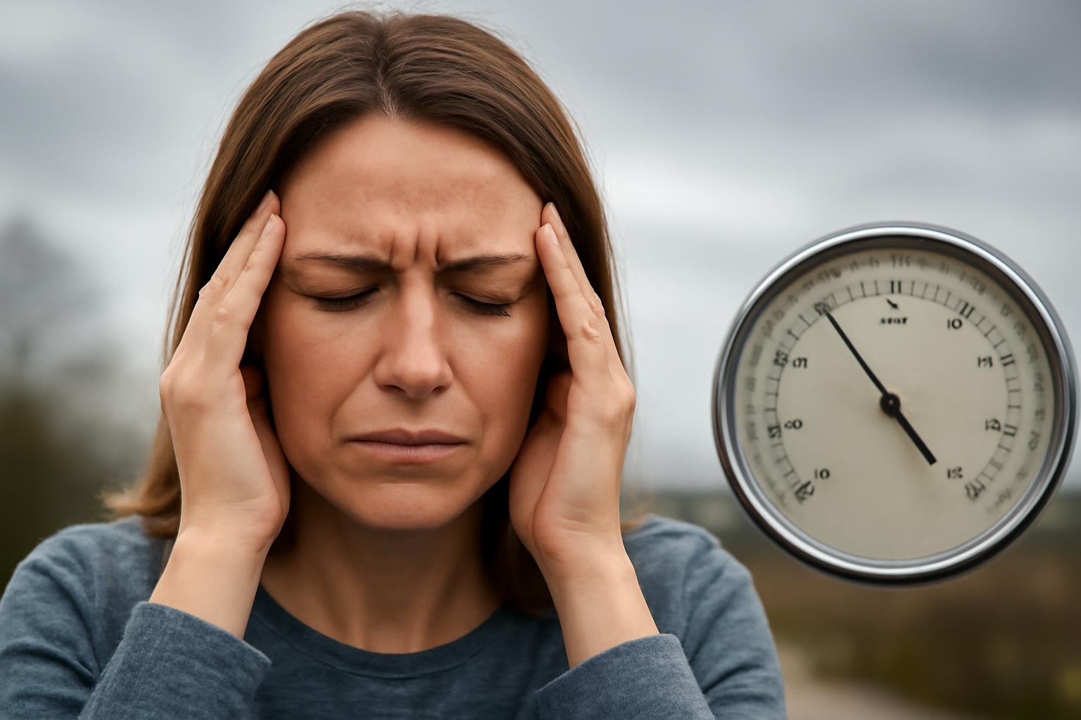 Egy nő fájdalmas arckifejezéssel, kezével a fején, mögötte barométer.