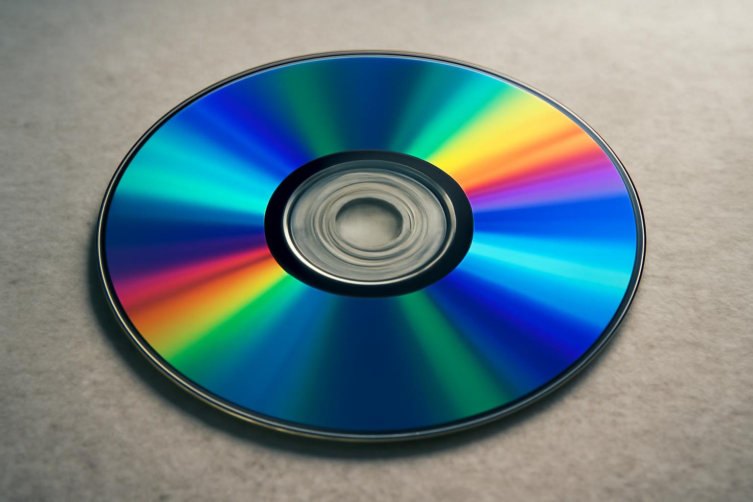 Szivárványos CD-lemez, amelyen a fény színes mintázatokat alkot.