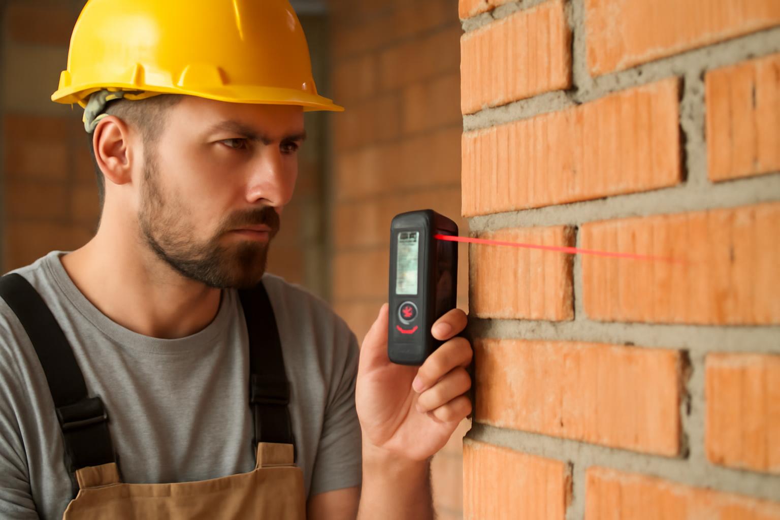 Kőműves lézeres távolságmérőt használ, hogy pontos méréseket végezzen.