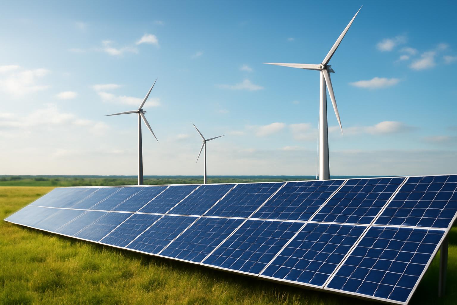 Szélkerekek és napelemek egy zöld mezőn, a megújuló energiaforrások bemutatására.