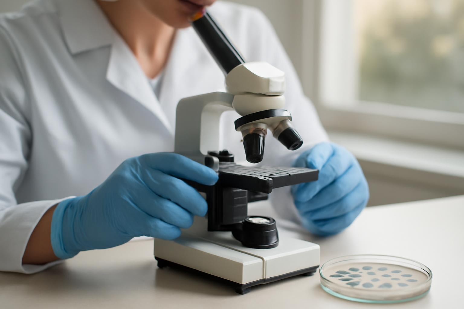 Egy kutató mikroszkóppal vizsgál egy mintát, laboratóriumi környezetben.