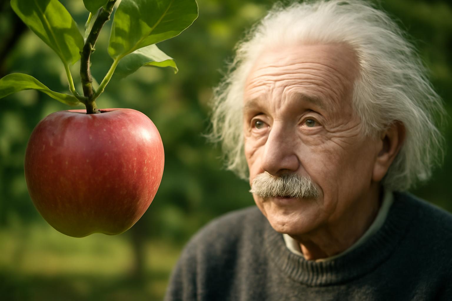 Egy idős férfi néz egy lógó almára egy zöld háttér előtt.