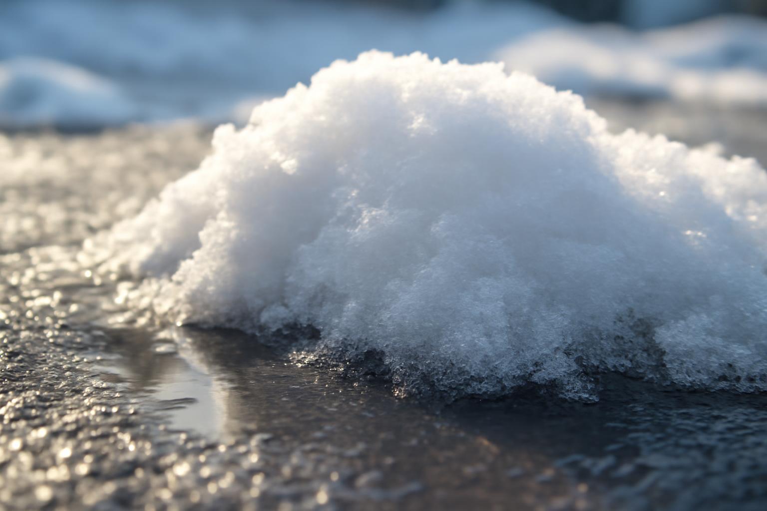 Egy hógolyó, amely a napfény hatására olvad, vízcseppek gyűlnek körülötte.