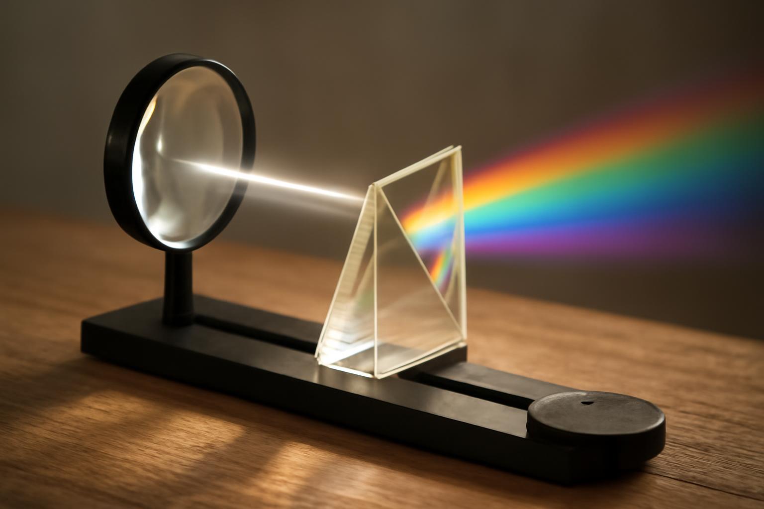 Egy lencse és egy prizma, amelyek fénysugarat törnek és színkép keletkezik.