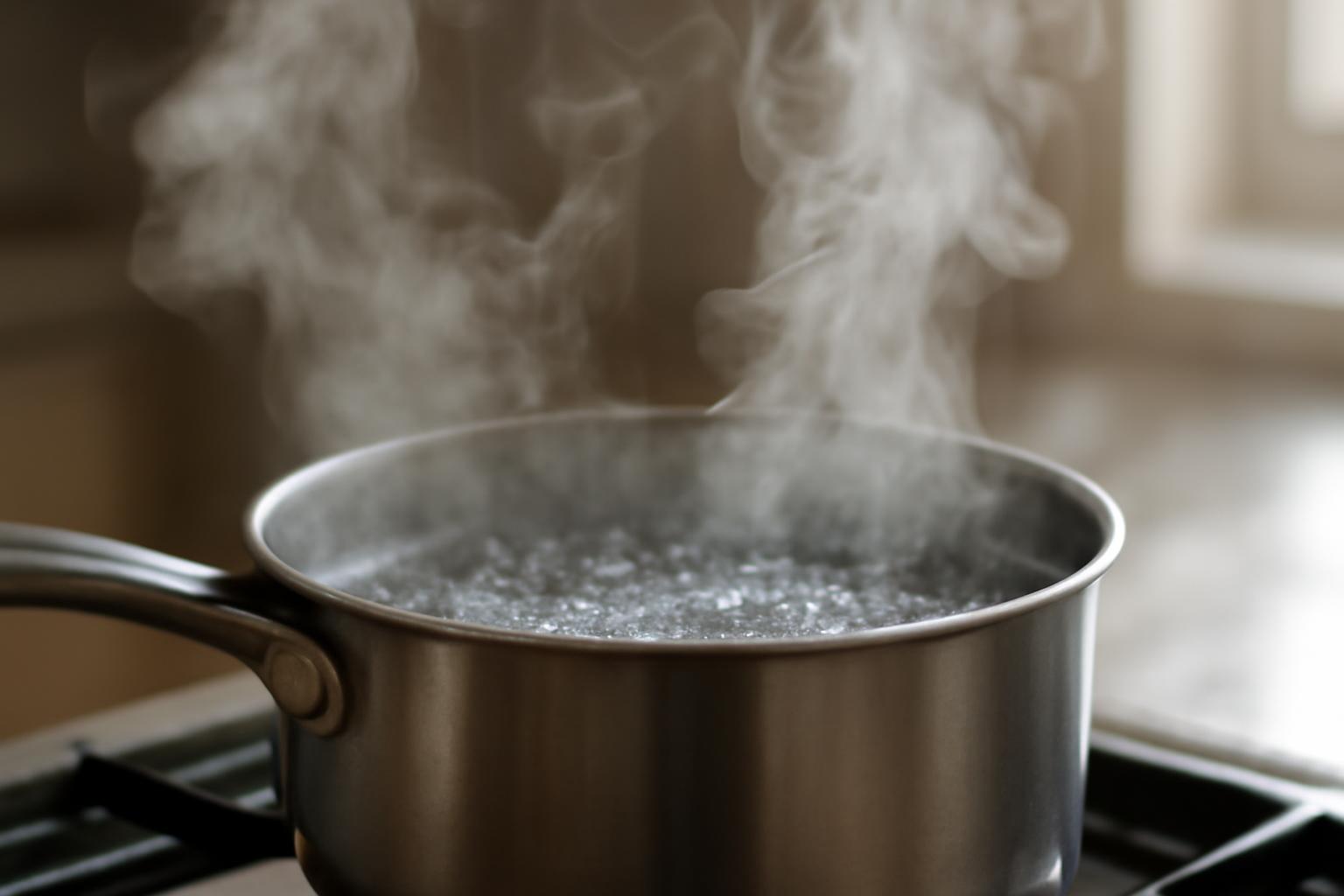 Főzőedényben forrásban lévő víz, gőz képződik a hő hatására.