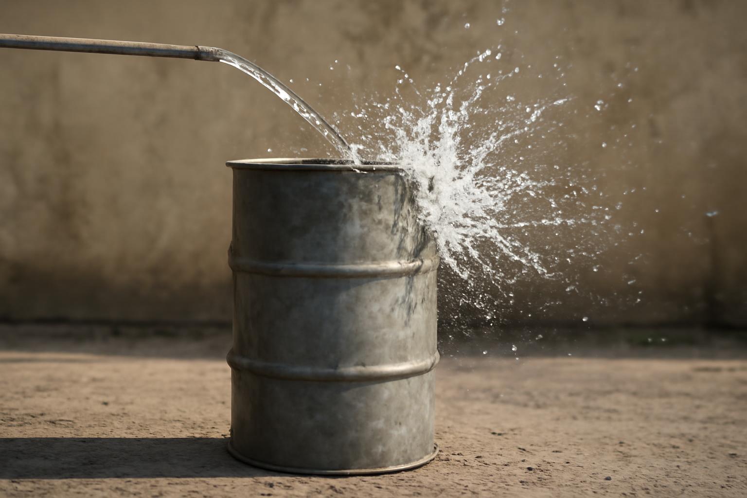 Víz spriccel ki egy hordóból, amelyet egy vékony csőn keresztül töltenek.