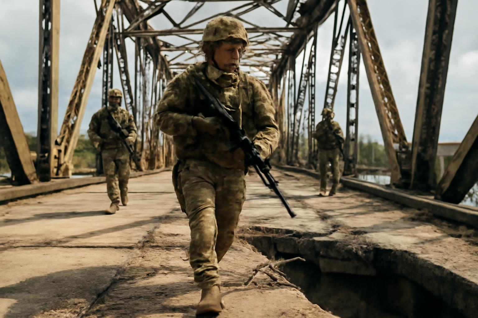 Katonák lépnek egy régi hídon, amelynek szerkezete megrepedt.