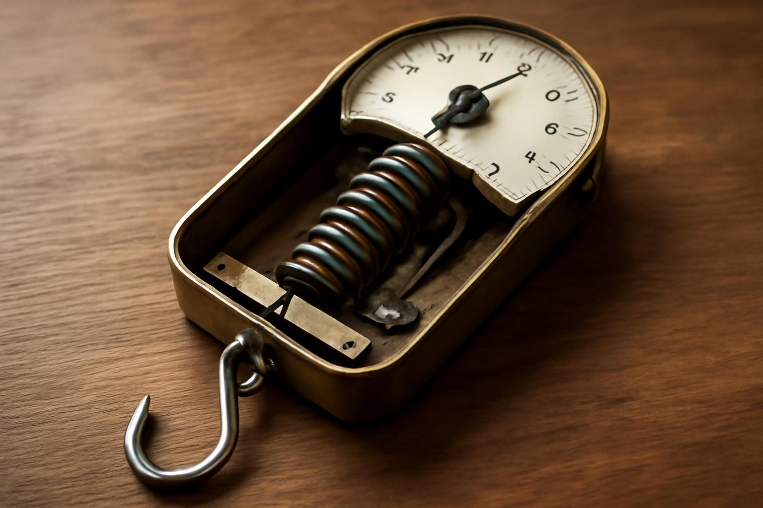 Horgászmérleg belső szerkezete, rugó és mutató a súly mérésére.