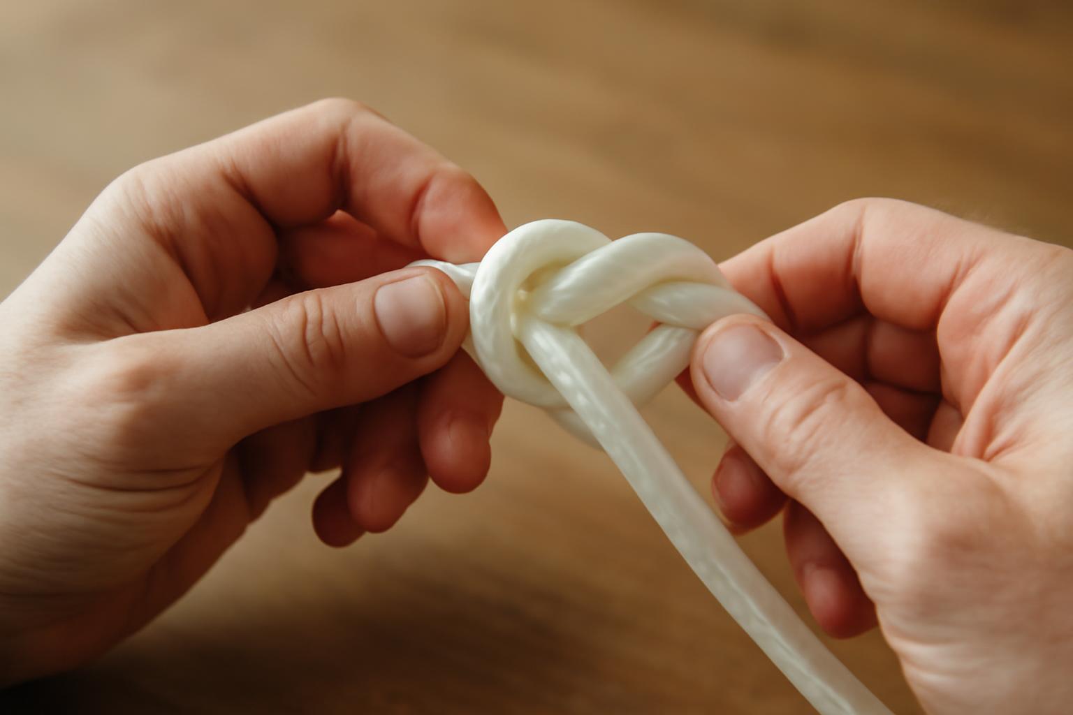 Két kéz egy síkos kötél csomóját köti, bemutatva a súrlódás fontosságát.
