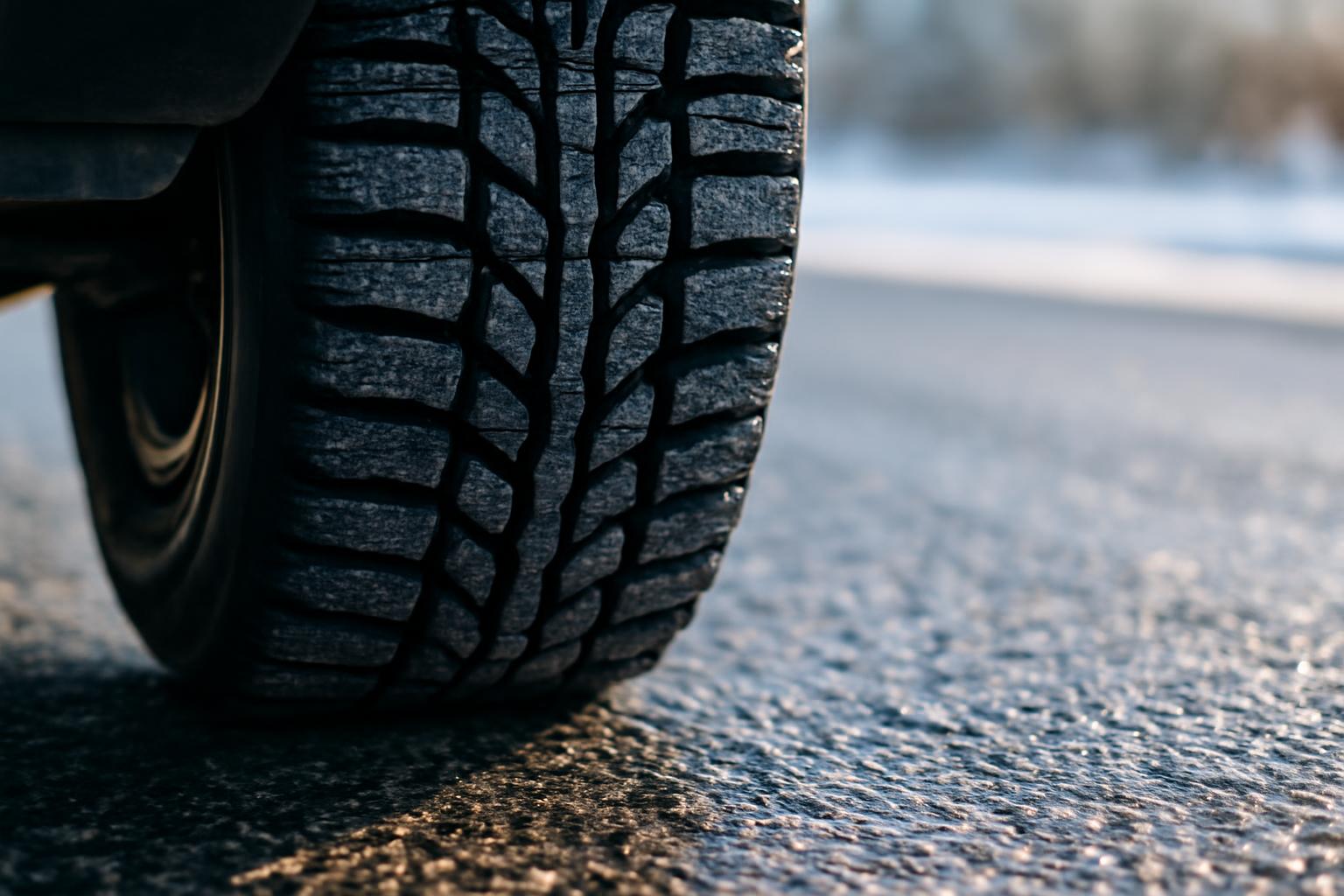 Téli gumiabroncs mintázata, amely a hideg aszfalton tapad.