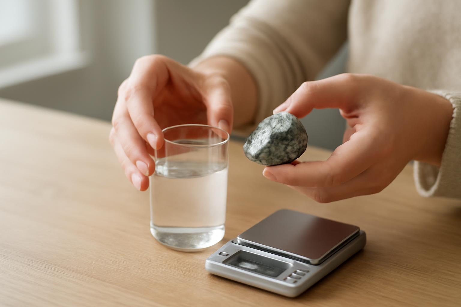 Kézben tartott kavics és vízzel teli pohár egy mérlegen.