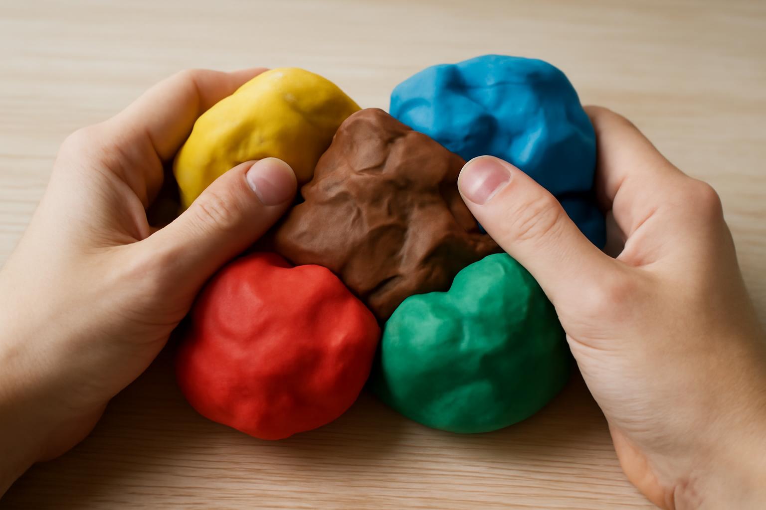 Két kéz színes gyurmát gyúr össze, piros, zöld, kék, sárga és barna színekben.