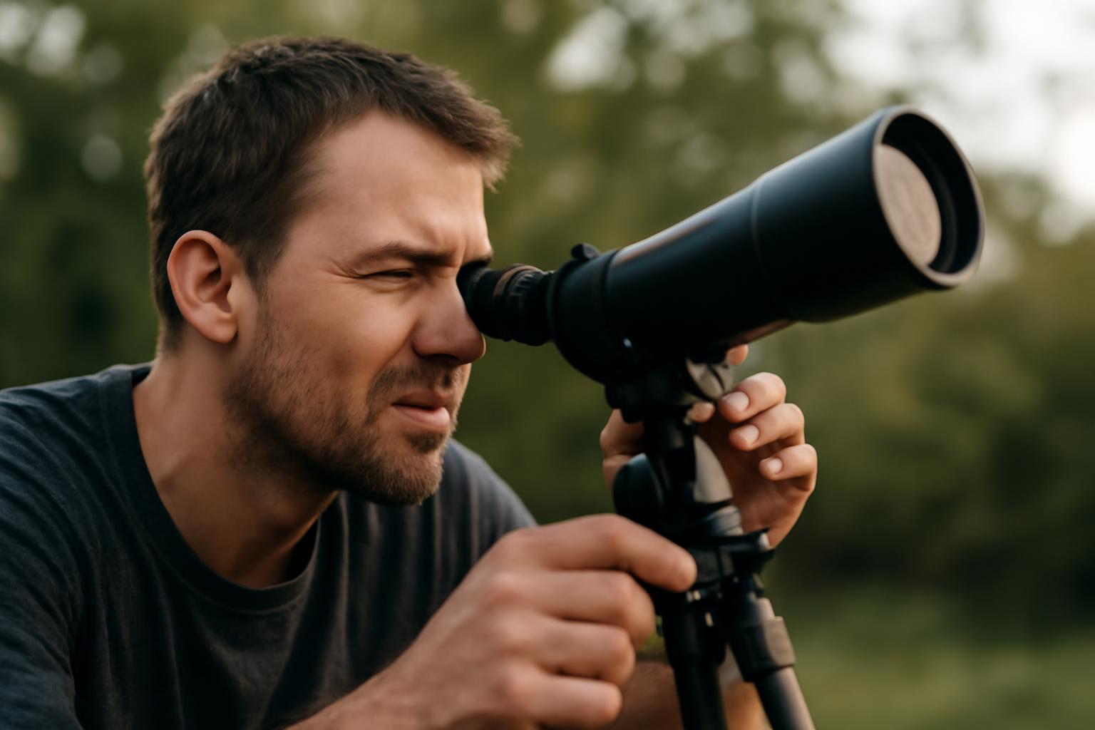 Egy férfi távcsővel néz az égre, felfedezve a csillagokat.