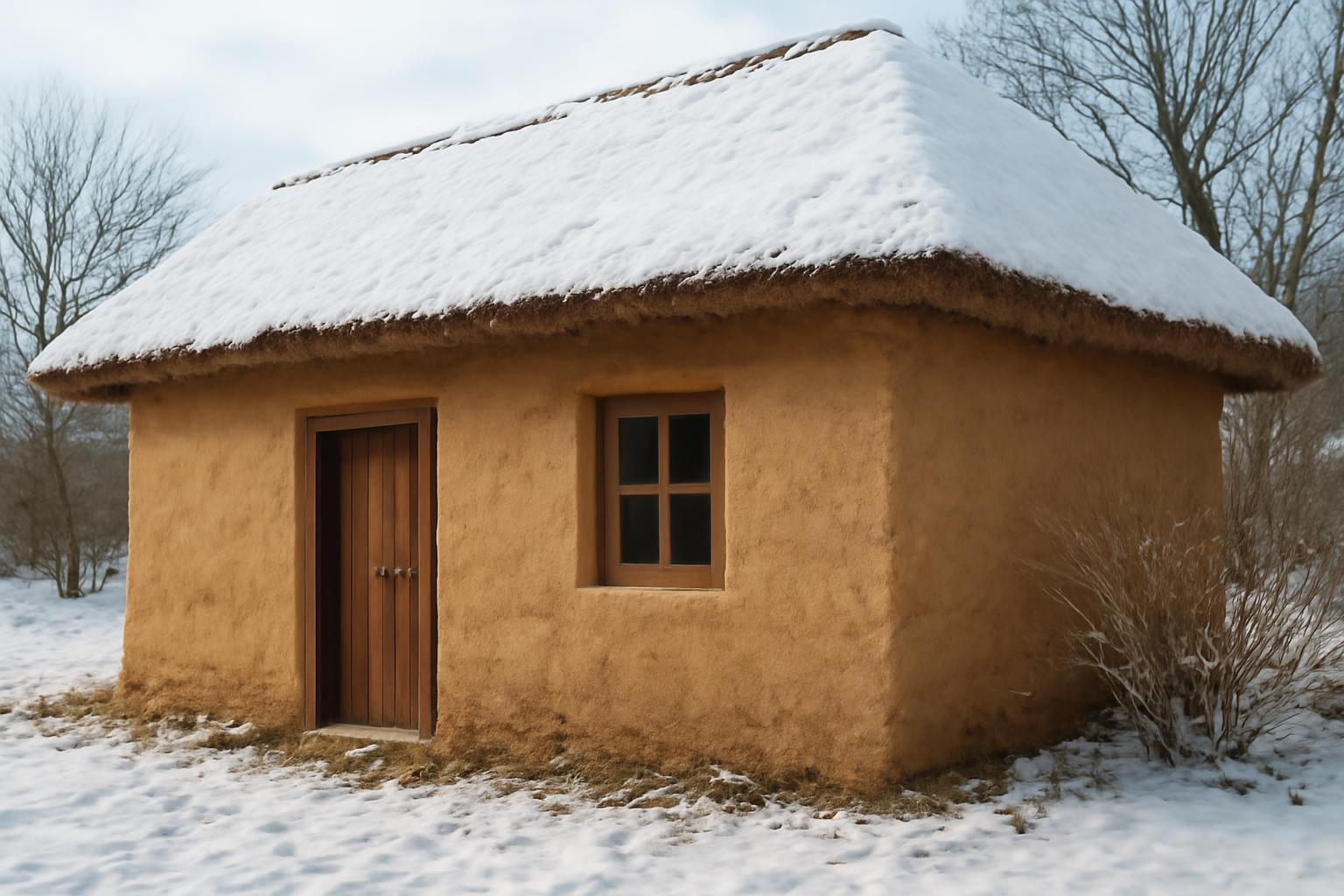 Egy vályogház, hóval borított tetővel, téli tájban, hőtárolásra alkalmas anyagokkal.