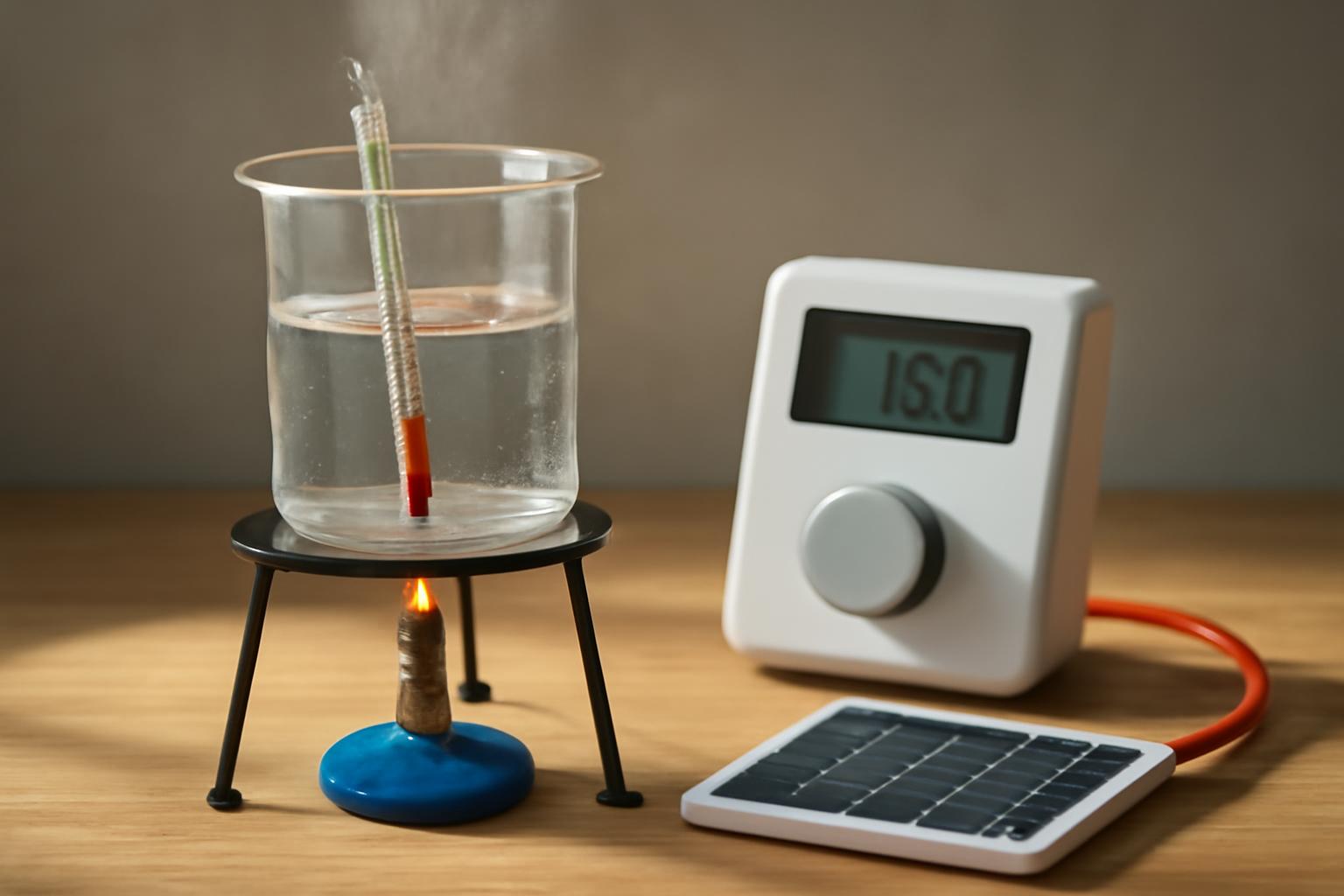 Egy vízben lévő hőmérő és hőforrás, energiaátalakítást bemutató kísérlet.