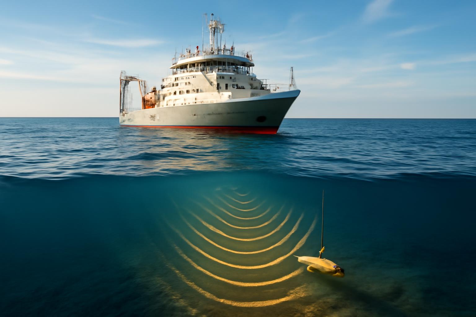 Egy hajó a víz felszínén, alatt pedig szonár hullámok láthatók a tengerfenéken.