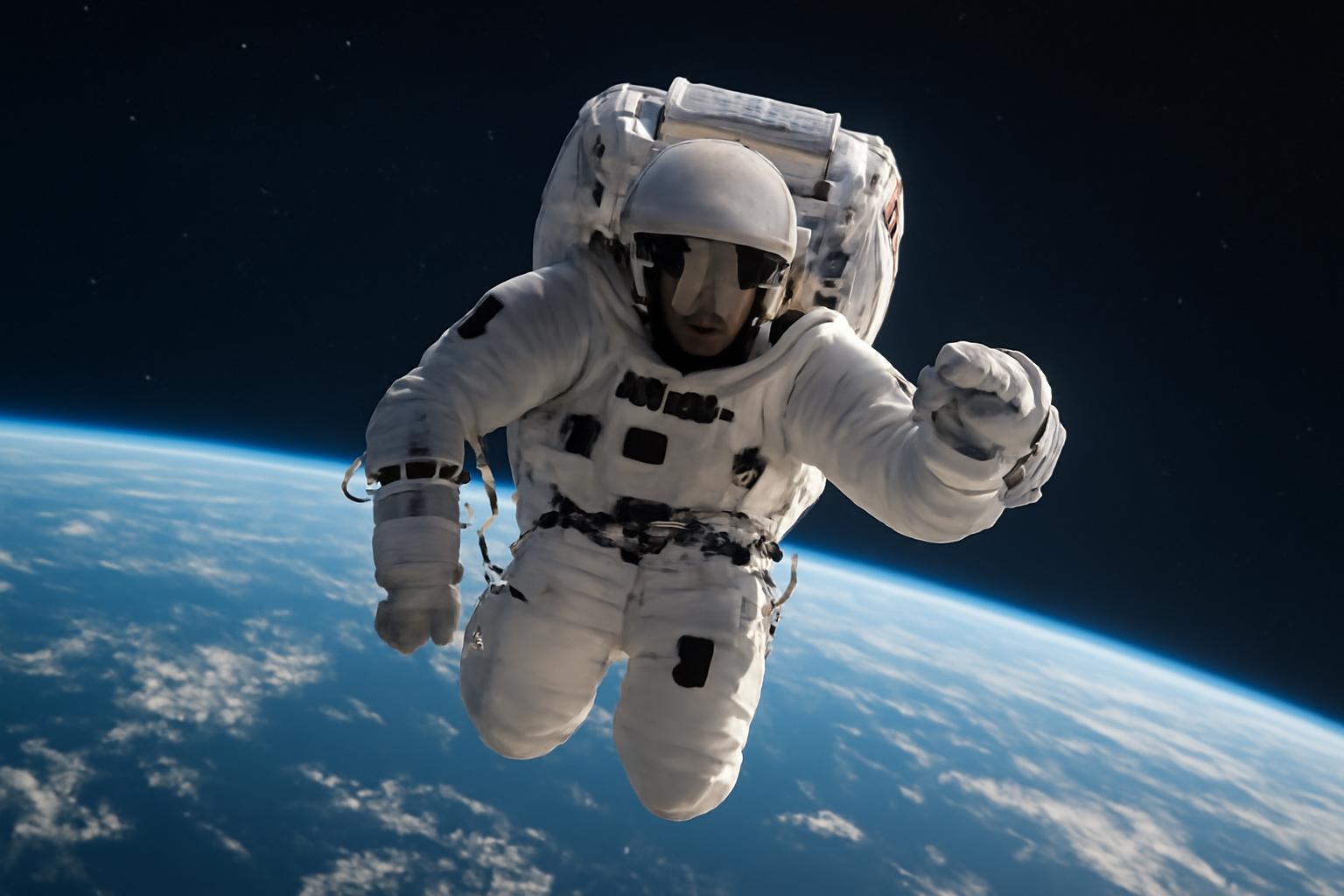 Egy űrhajós lebeg az űrben, a Föld háttérben látható.