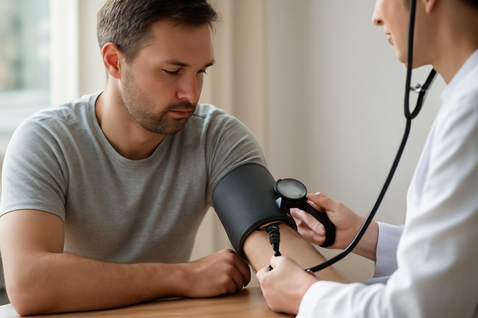 Egy orvos vérnyomást mér egy férfi karján, a kar a szív szintjén van.