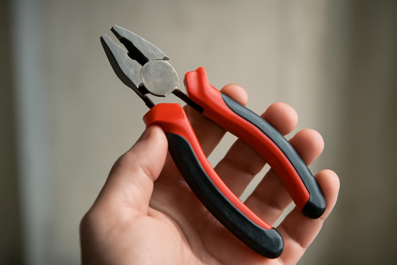 Egy villanyszerelő fogója, piros és fekete műanyag bevonattal, a biztonság érdekében.
