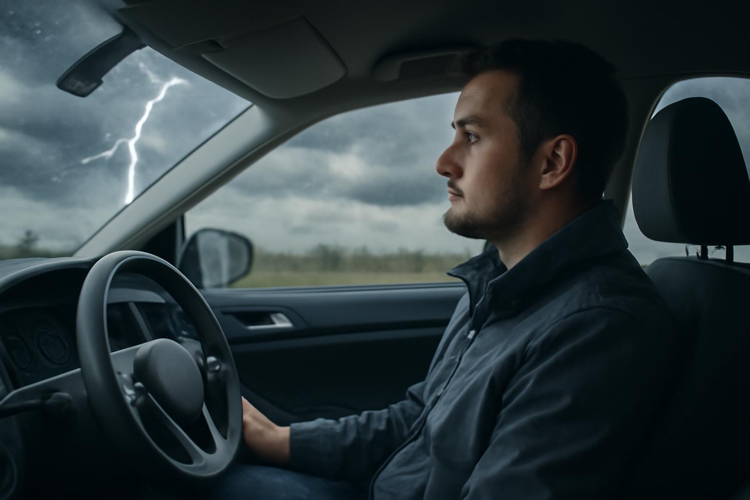 Egy férfi ül az autóban, viharos időben, villámokkal az égen.