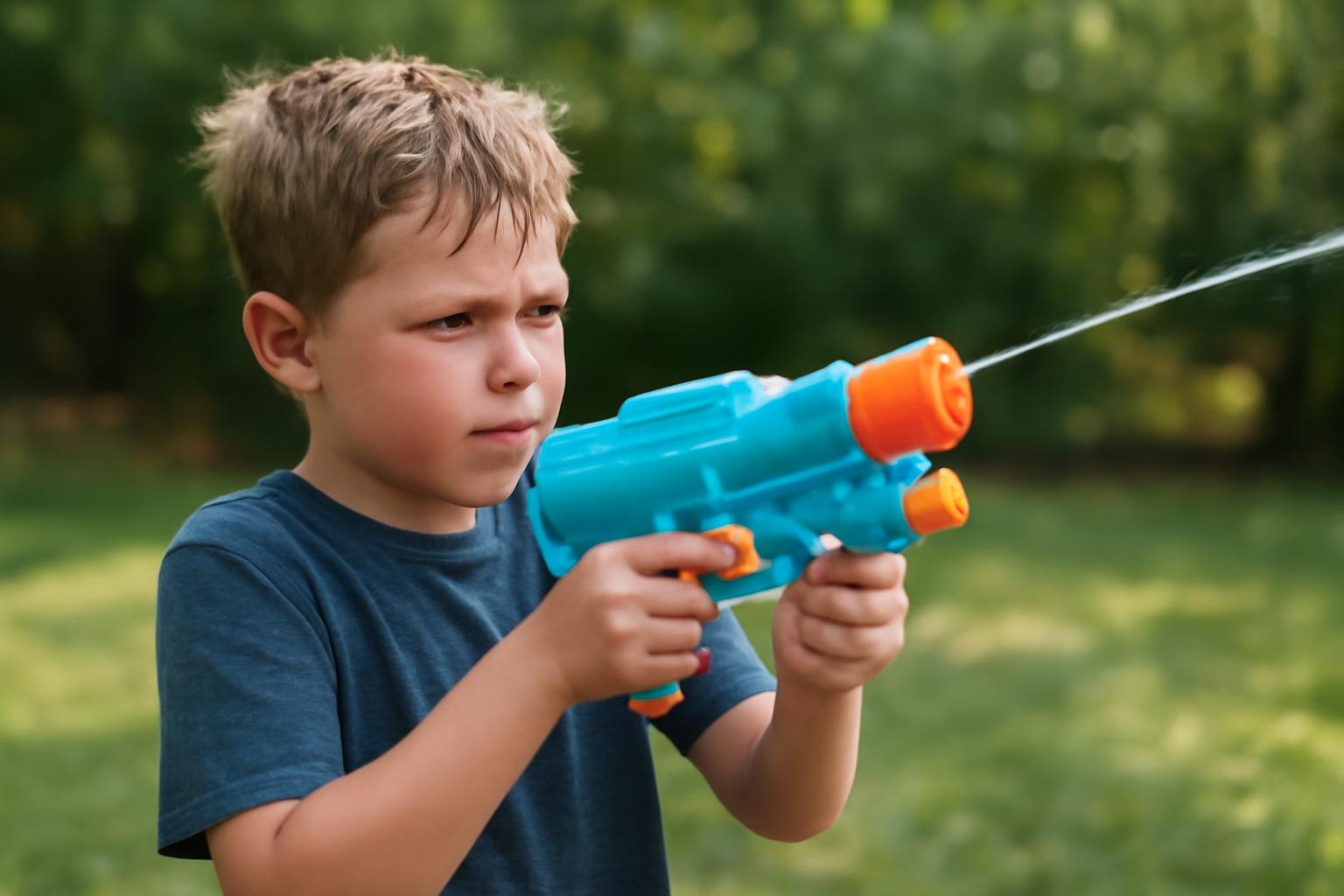 Egy fiú vízipuskát tart a kezében, koncentrált arckifejezéssel, vízsugarat lő ki belőle.