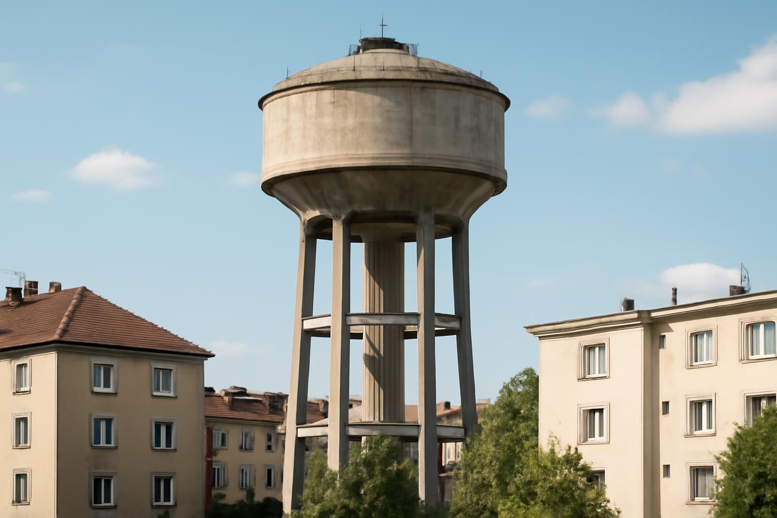 Egy víztorony, amely magasabb a környező házaknál, világoskék éggel.