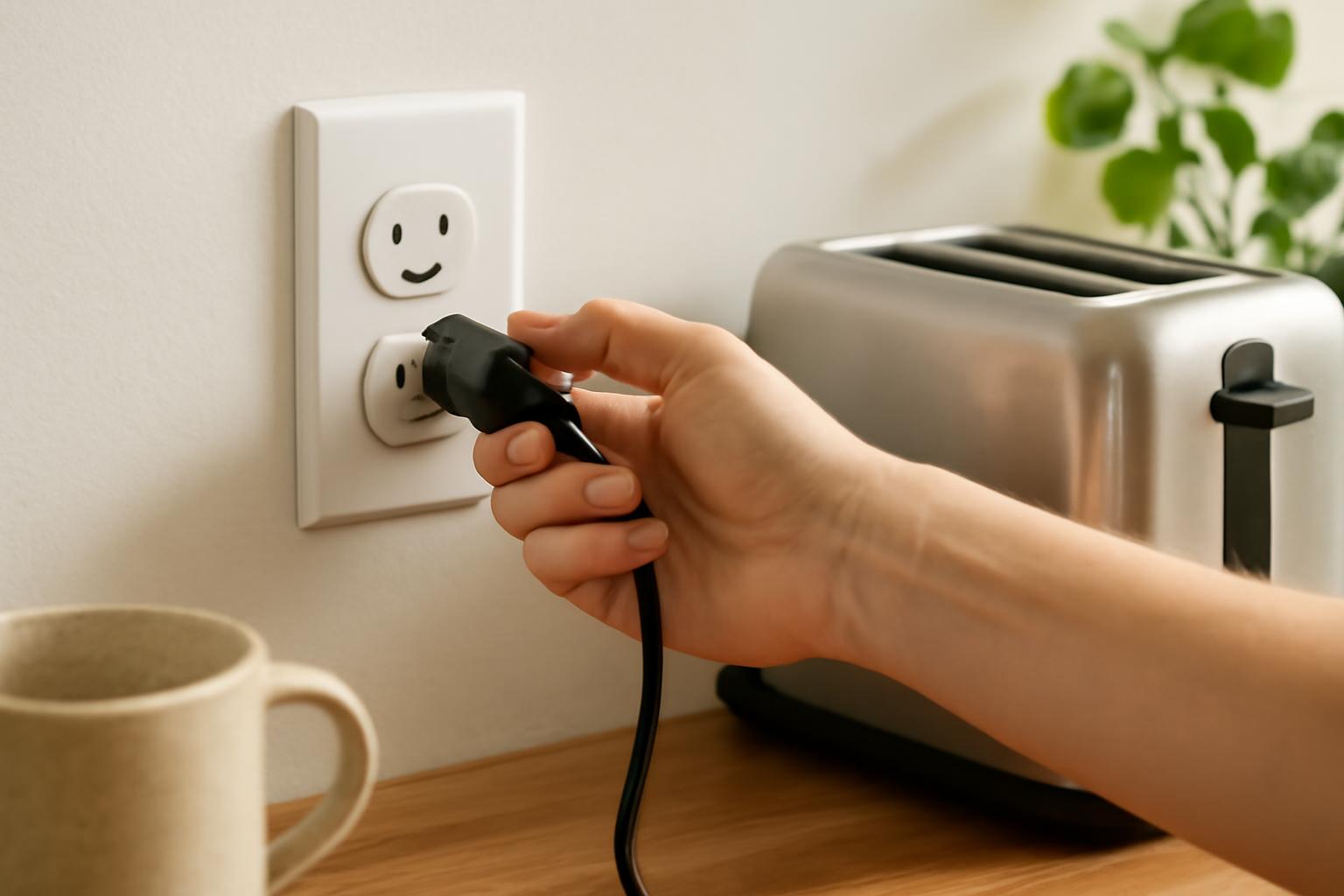 Egy kéz éppen bedug egy elektromos csatlakozót a falba, mellette egy kenyérpirító.